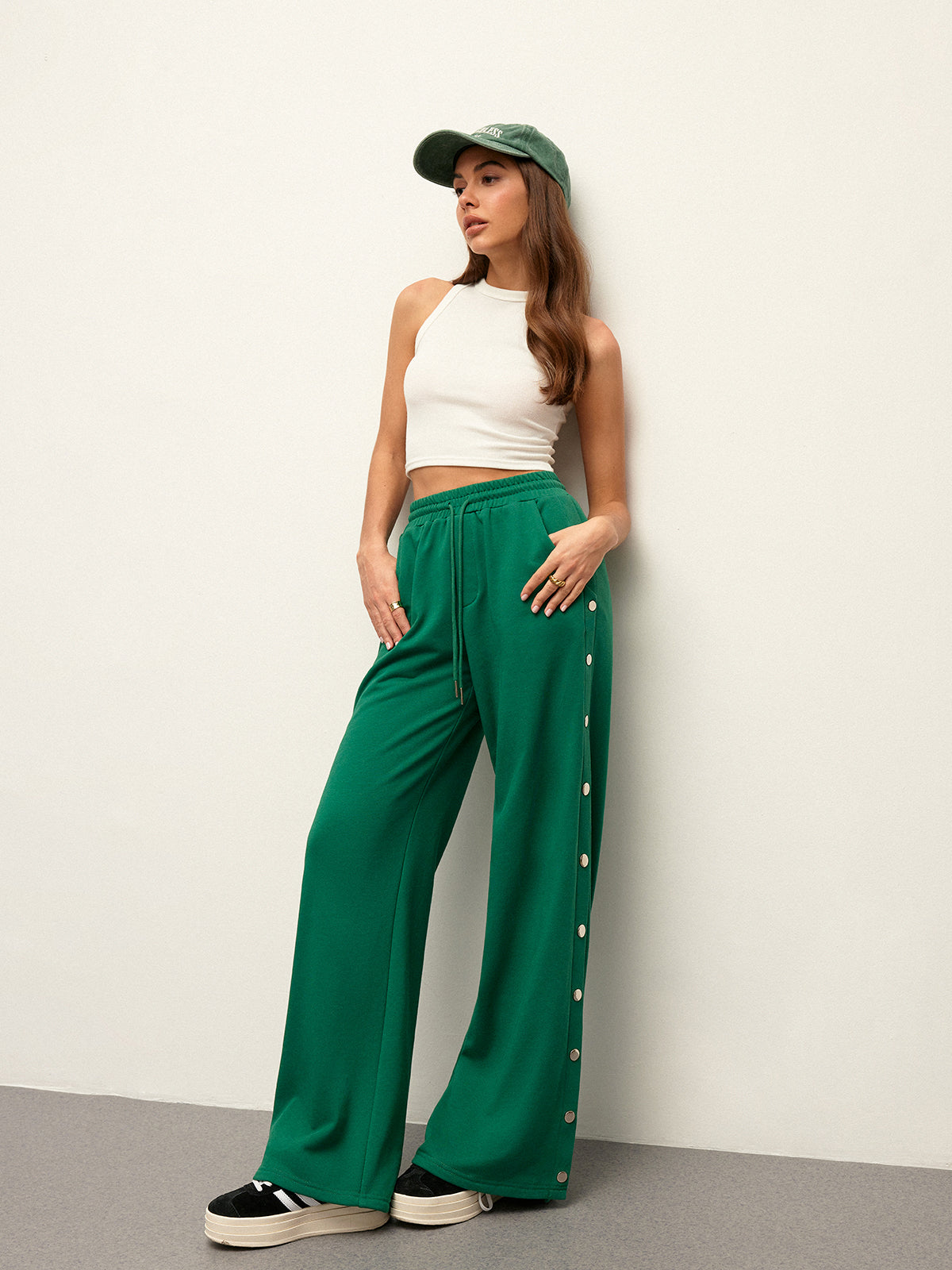 Mid-Waist Drawstring Sweatpants With Button Side Detail