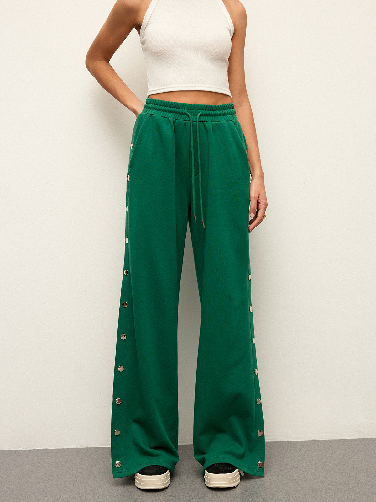 Mid-Waist Drawstring Sweatpants With Button Side Detail