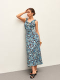 Robe florale à col en V avec bordure en laitue et fermeture éclair