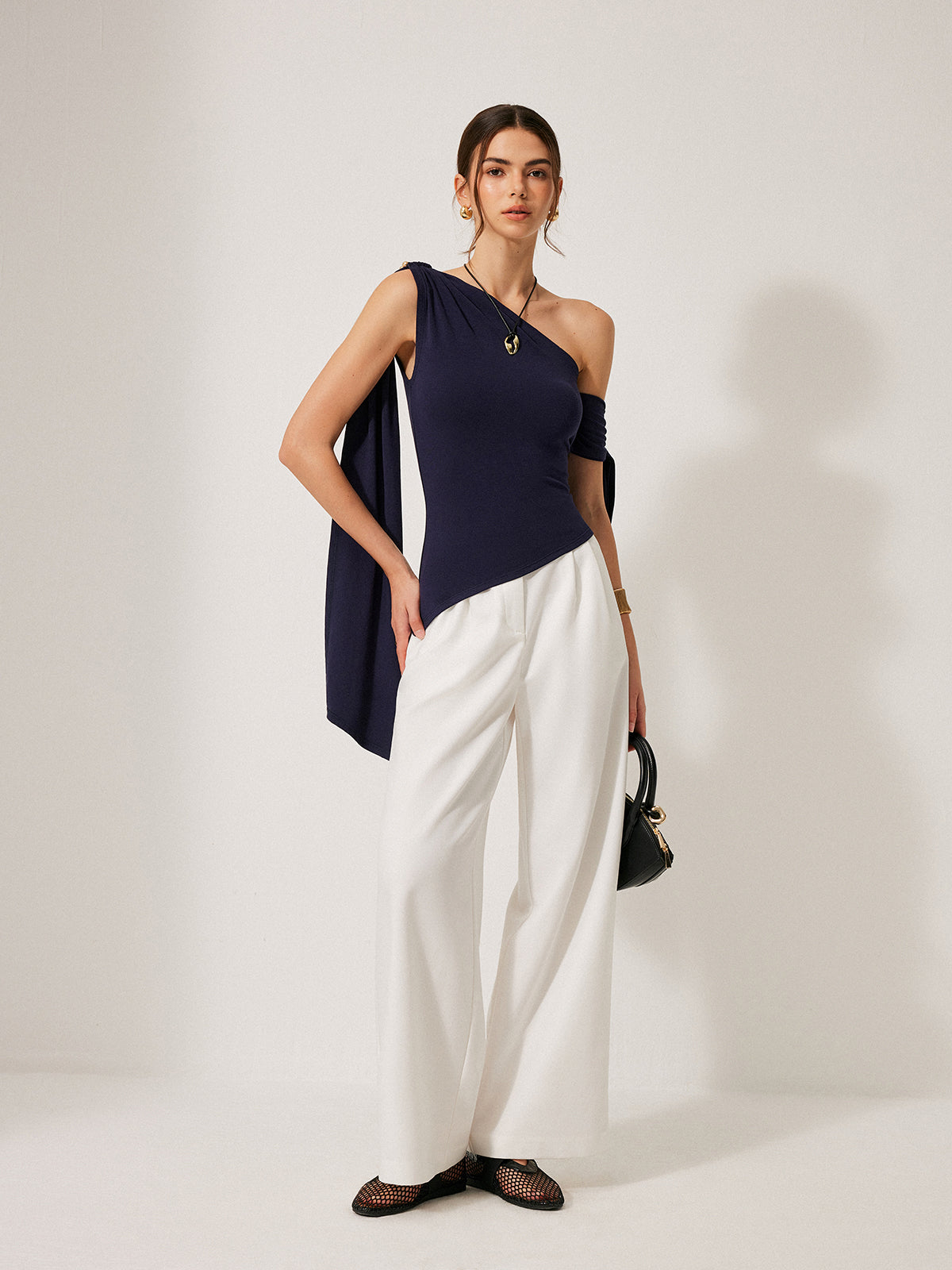One-Shoulder Draped Tie Detail Top