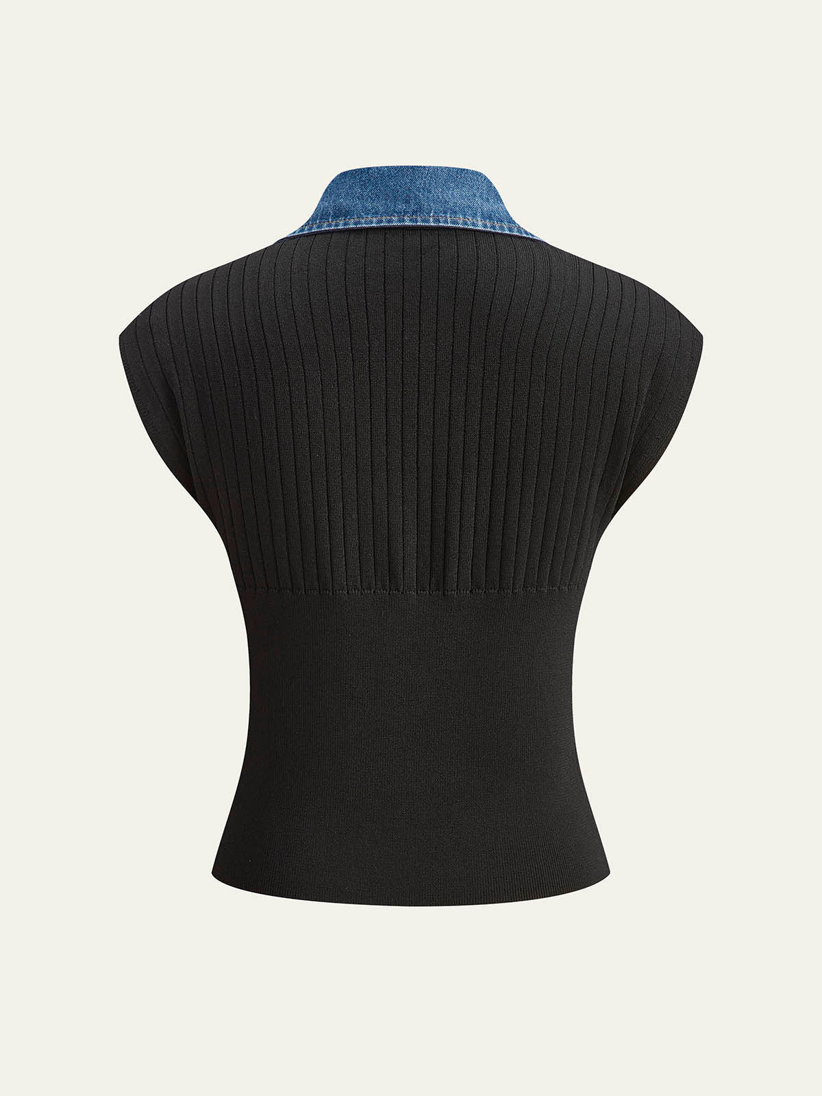 Denim Trim Ribbed Knit Top