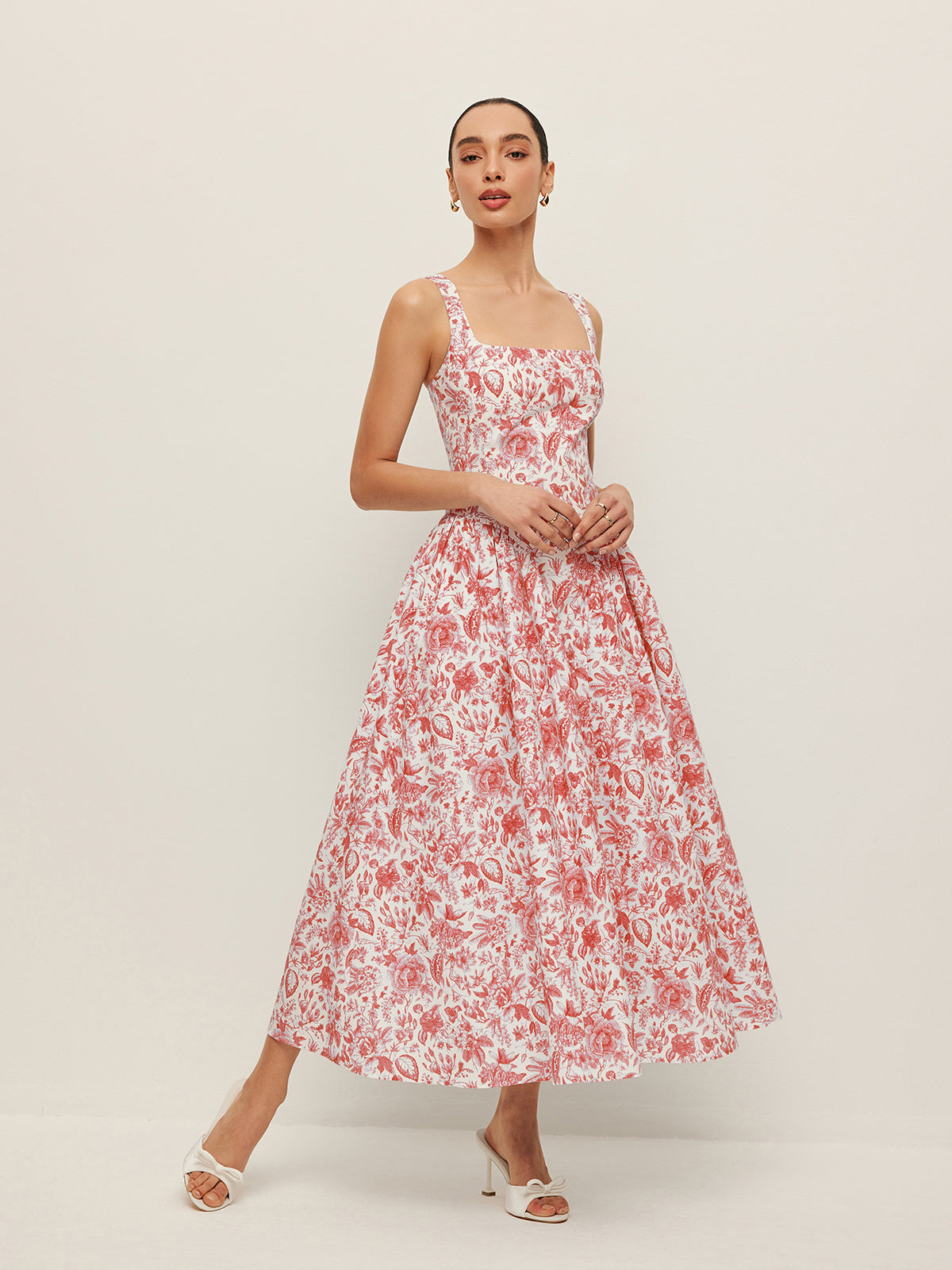 Robe imprimée à col carré et poches 