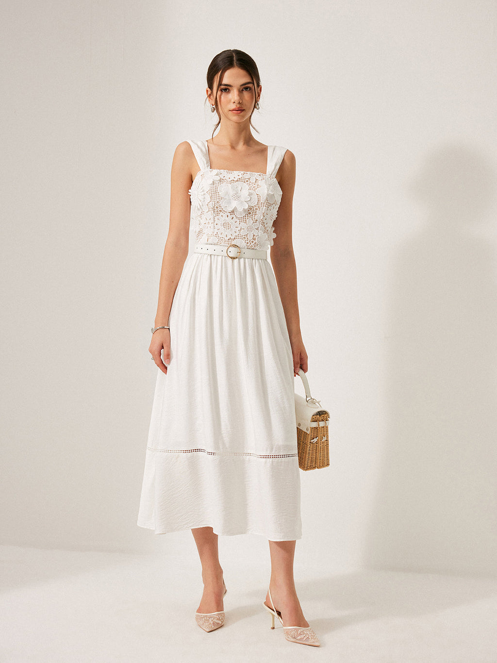 Cotton Floral Lace Belted Dress