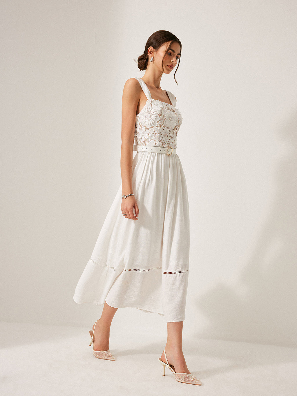 Cotton Floral Lace Belted Dress