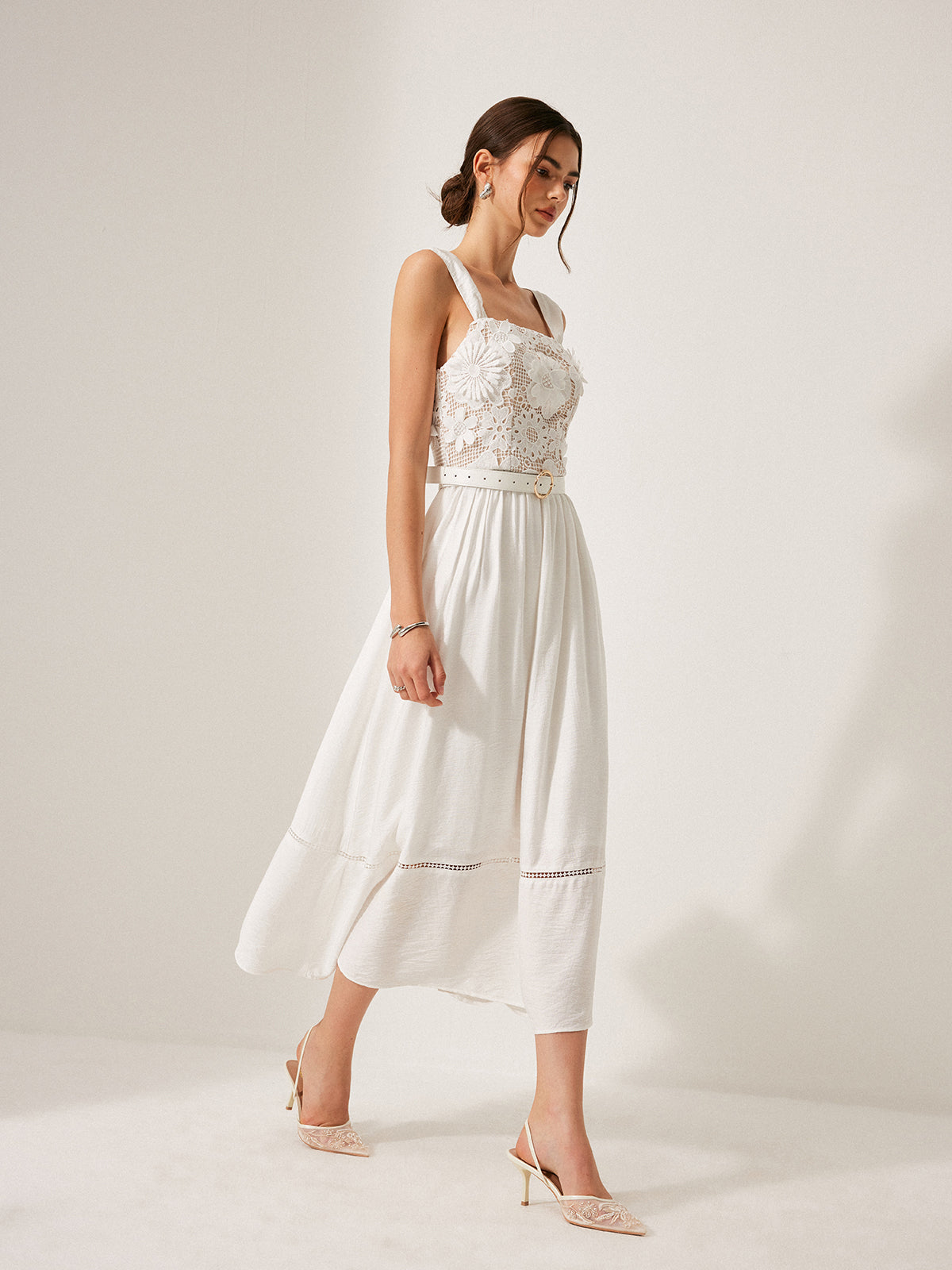 Cotton Floral Lace Belted Dress