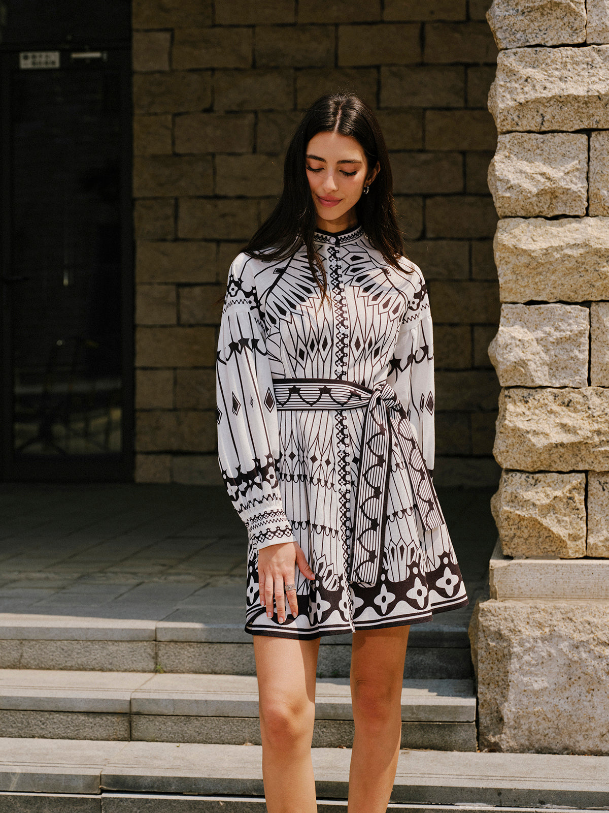 Linen Blend Long Sleeve Belted Dress