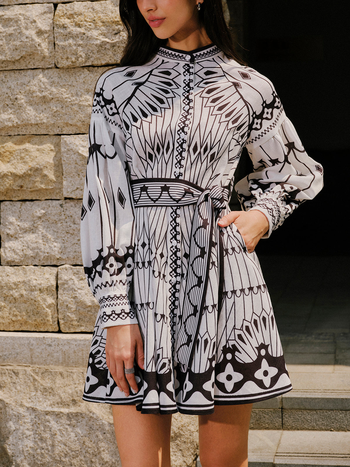 Leinenmischgewebe Langärmliges Gürtelkleid