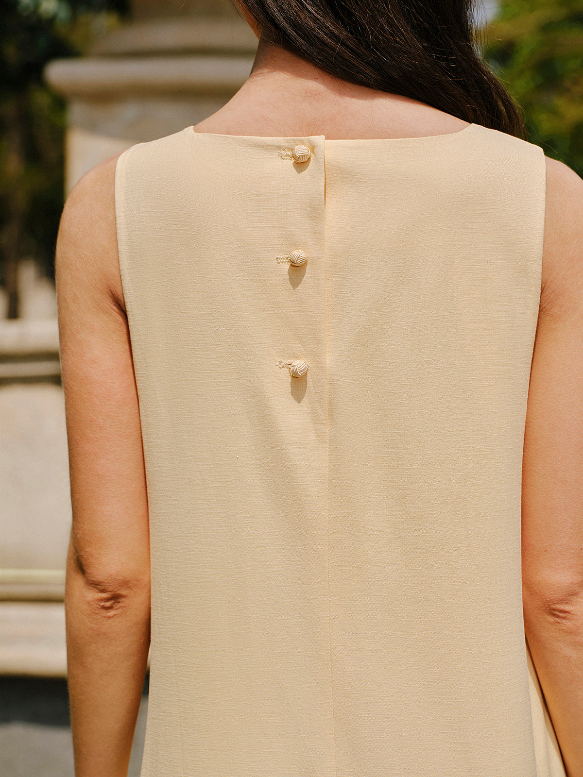 Cotton & Linen Button-Back Pocket Detail Dress