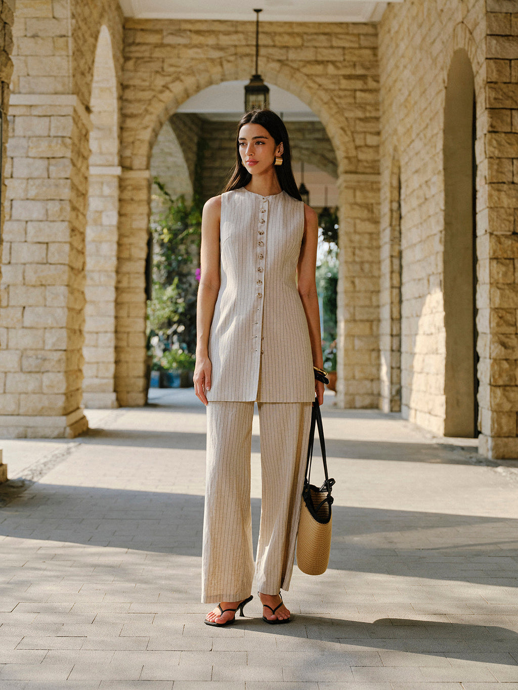 Pantalon taille moyenne en mélange de lin avec poches