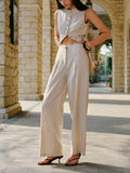Pantalon taille moyenne en mélange de lin avec poches