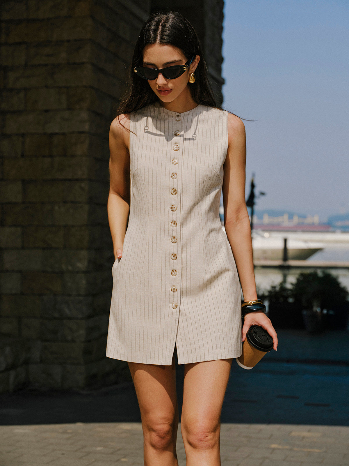 Leinenmischgewebe-Kleid mit Knopfleiste und Taschen