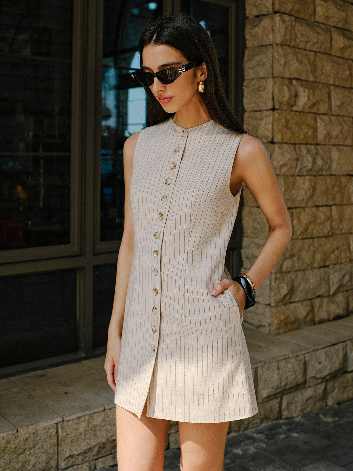 Linen Blend Button-Front Dress With Pockets