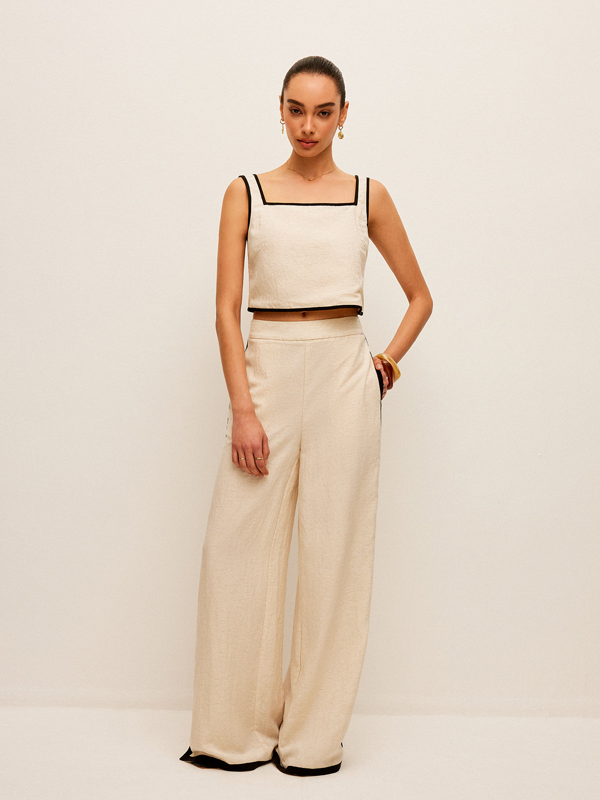 Débardeur à col carré en coton et lin avec bordure contrastée