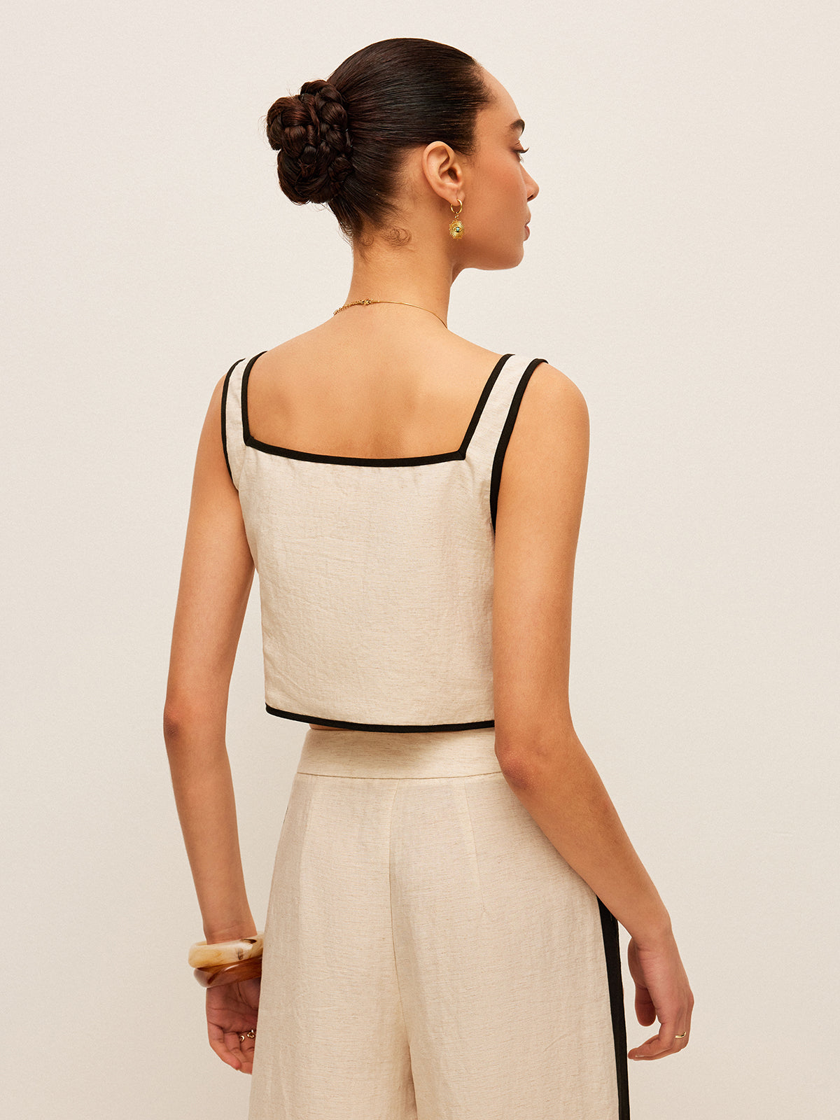 Débardeur à col carré en coton et lin avec bordure contrastée