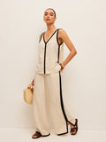 Ensemble de pantalon col V avec garniture contrastante en coton et lin
