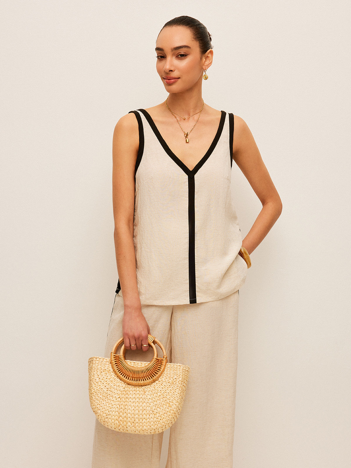 Cotton & Linen Contrast Trim V-Neck Pants Set
