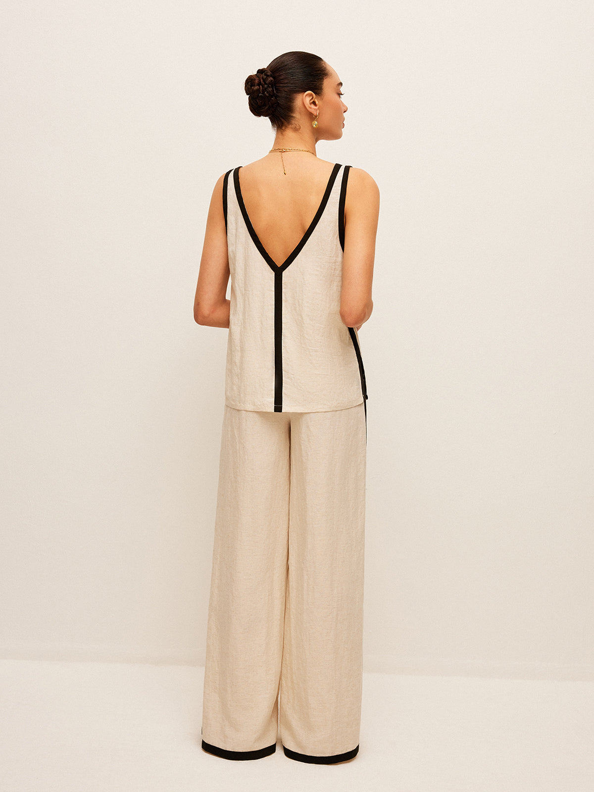 Ensemble de pantalon col V avec garniture contrastante en coton et lin