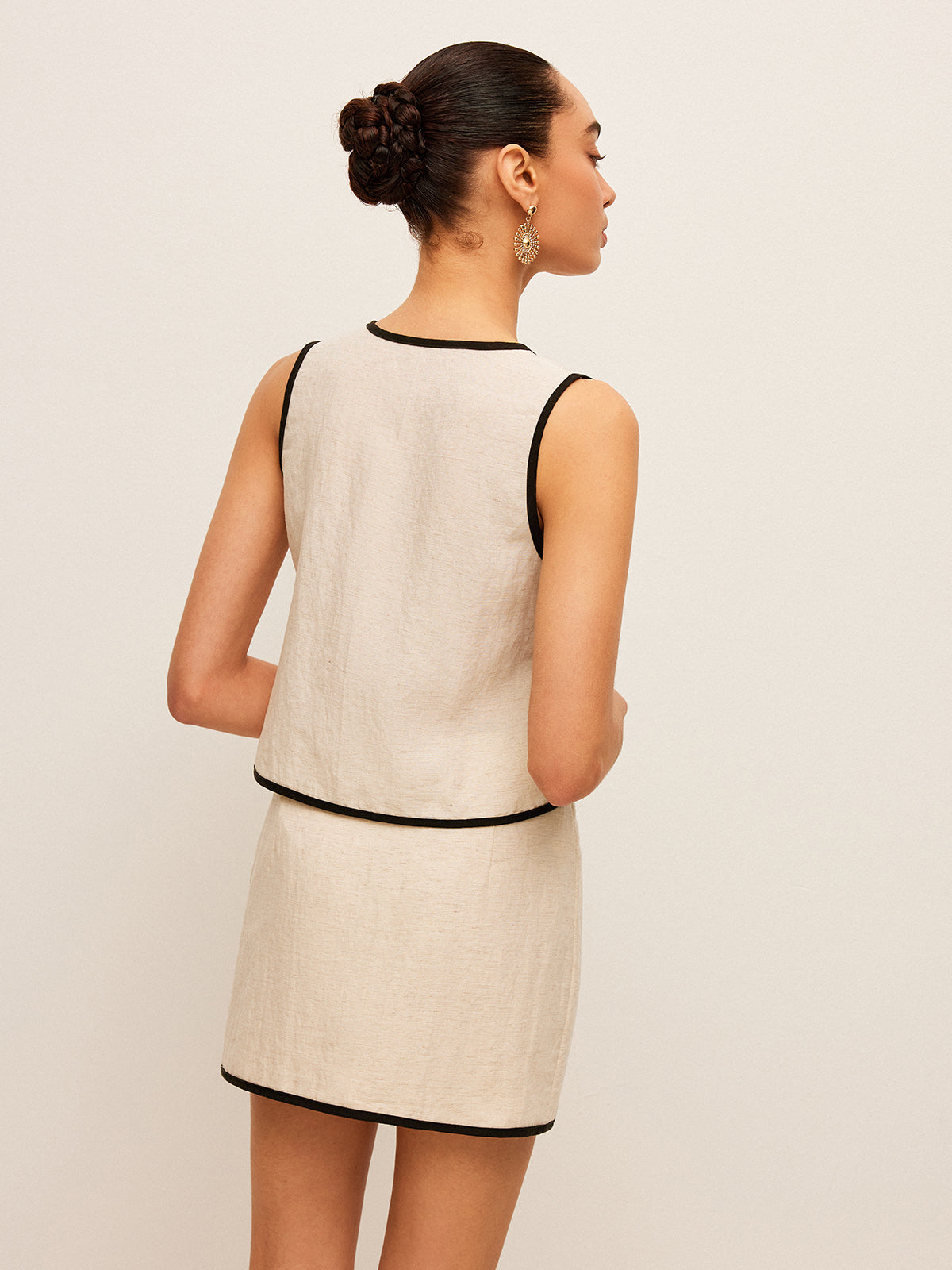 Ensemble jupe à col en V avec bordure contrastée en coton et lin 