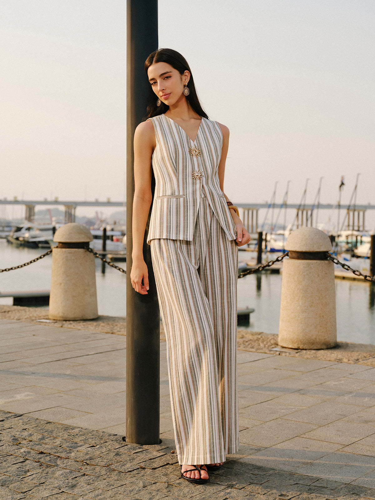 Linen & Cotton Mid-Waist Striped Wide-Leg Pants