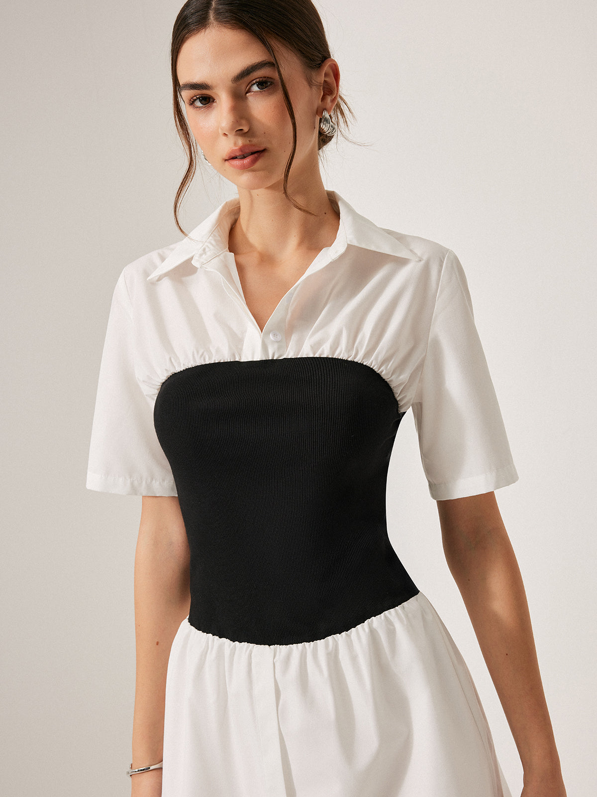 2 in 1 Panel Decor Button Lapel Shirt Dress