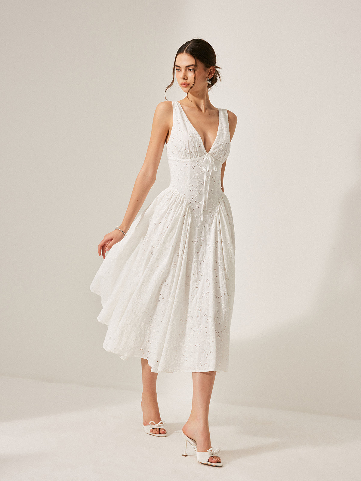 Cotton Embroidered Back Lace-Up Dress