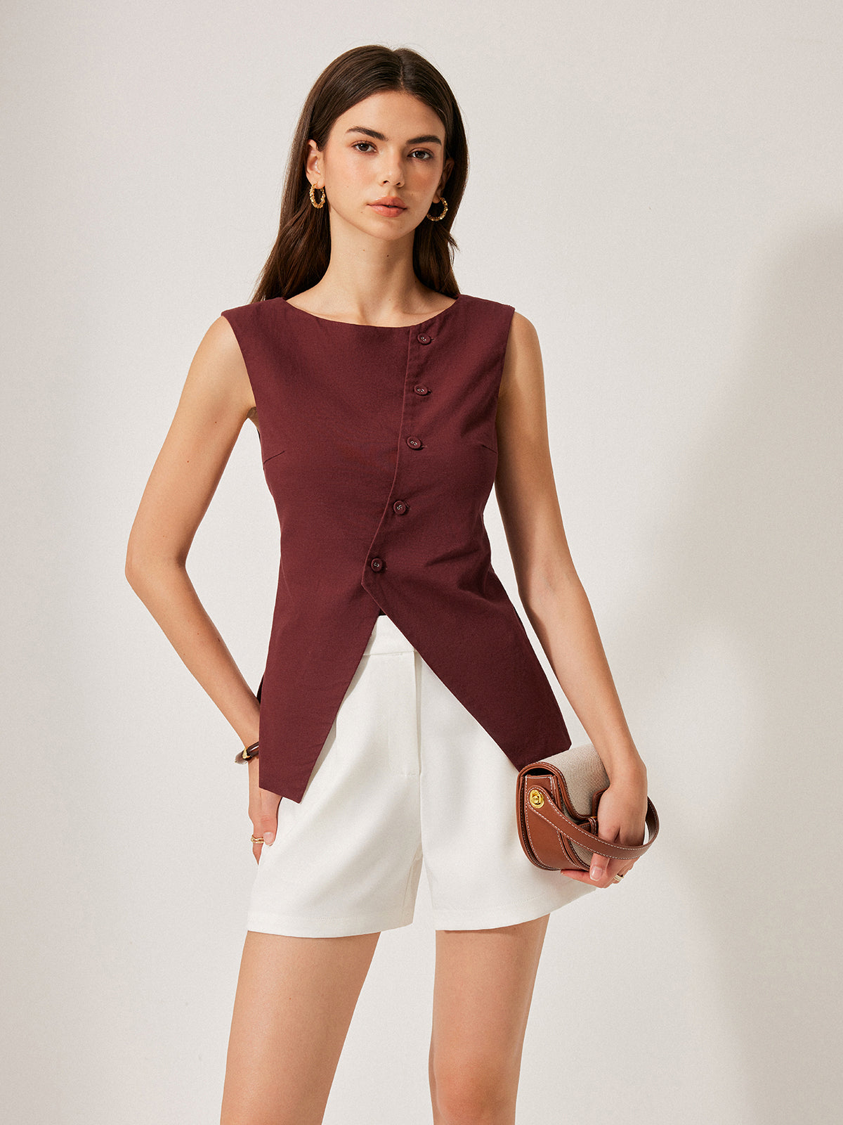 Top mit Knopfdetails aus Baumwolle und Leinen