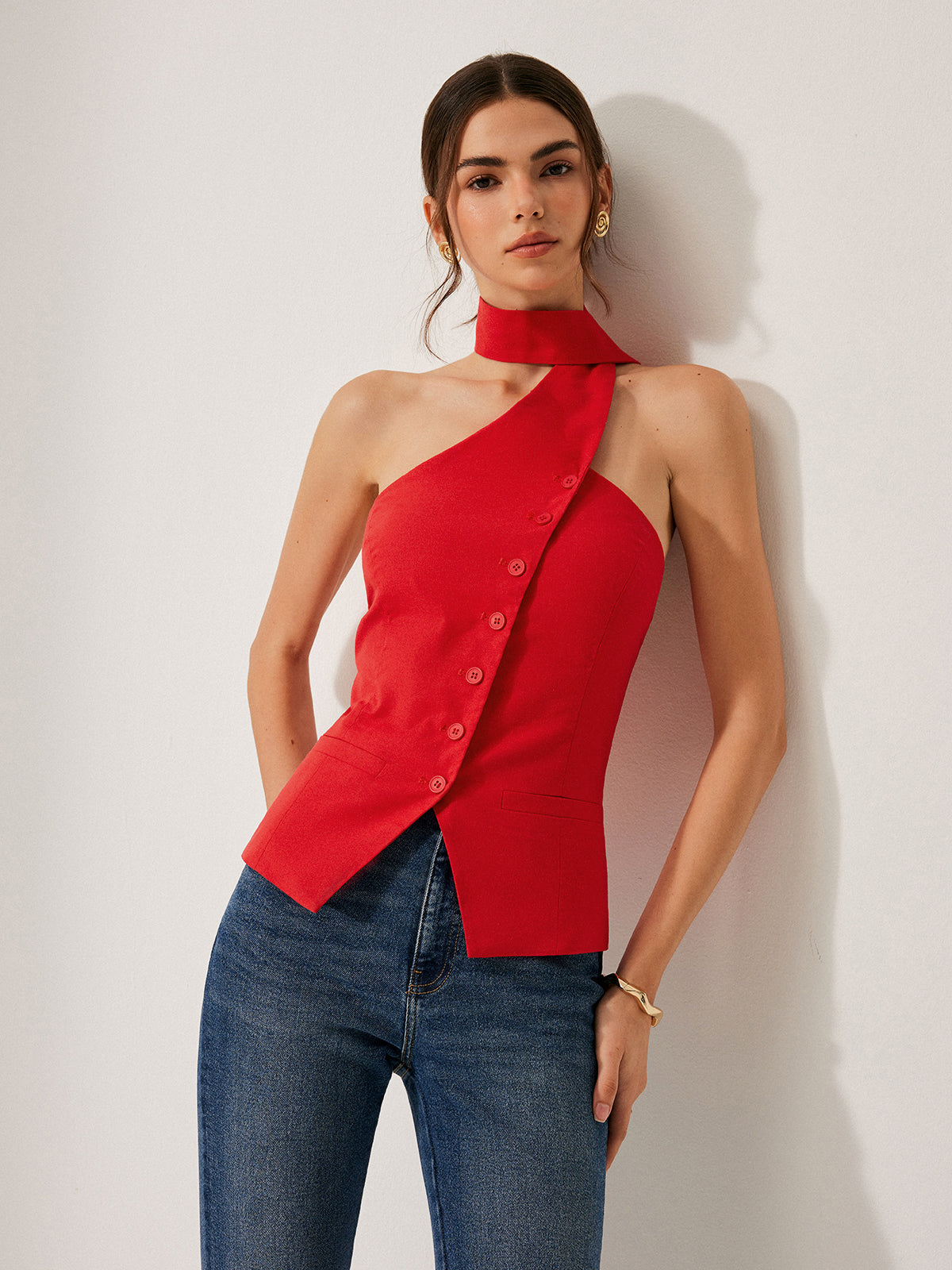 Cotton & Linen Halter Top With Decor Pockets