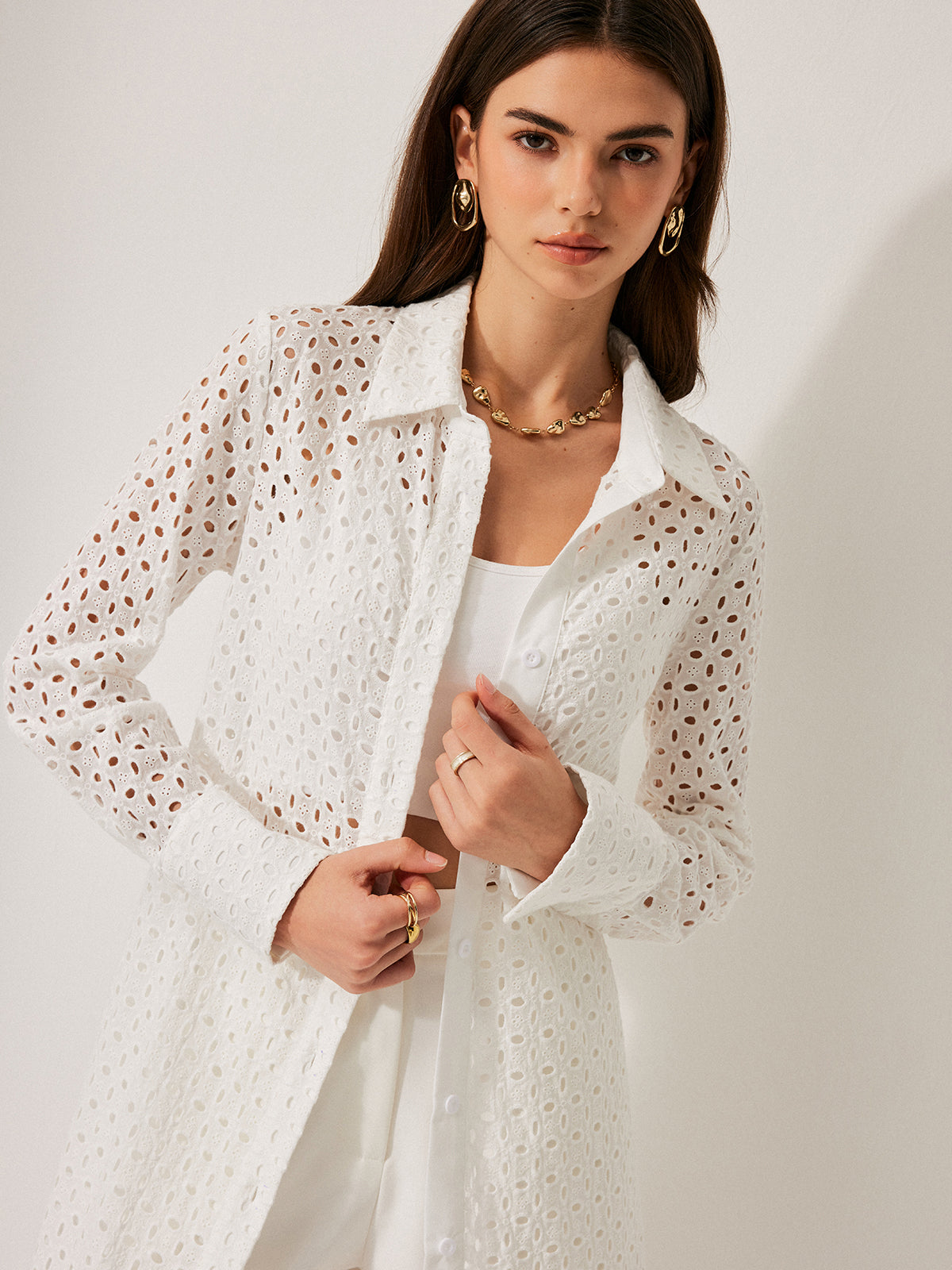 Semi-Sheer Cotton Hollow Panel Tie Back Lapel Dress