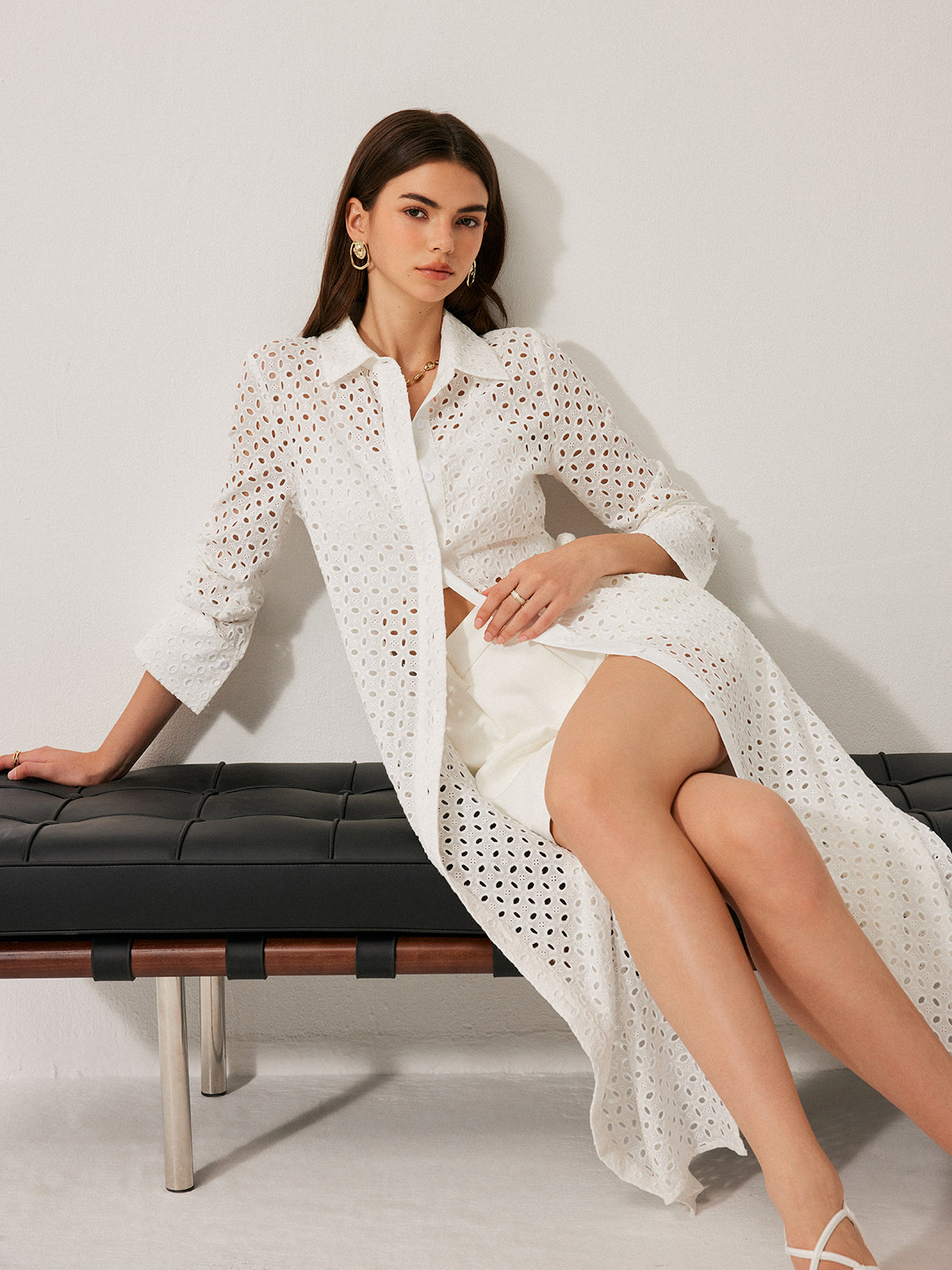 Semi-Sheer Cotton Hollow Panel Tie Back Lapel Dress