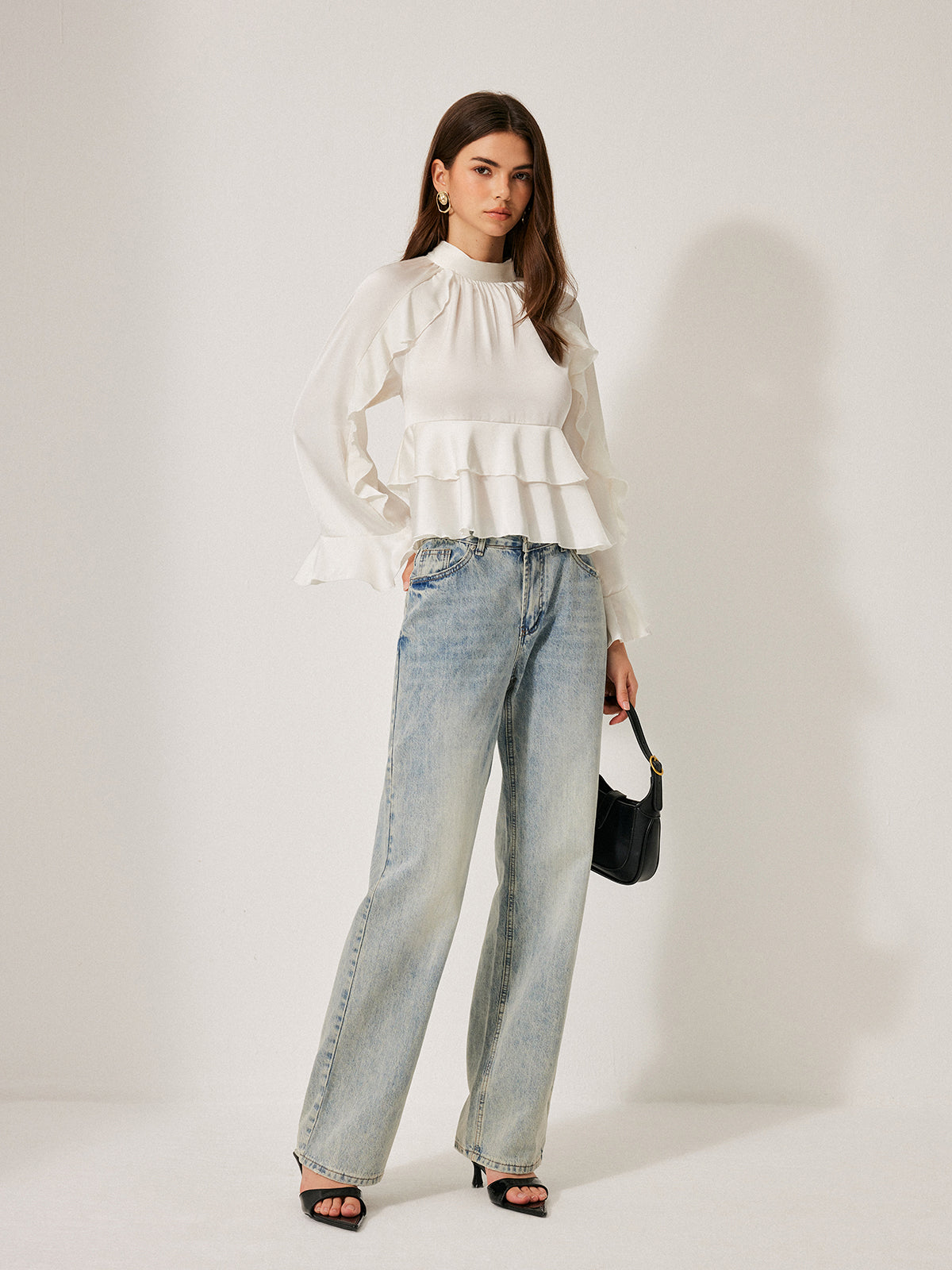 Stand Collar Button Ruffle Peplum Blouse