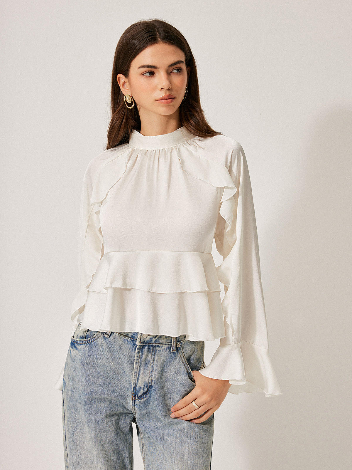Stand Collar Button Ruffle Peplum Blouse