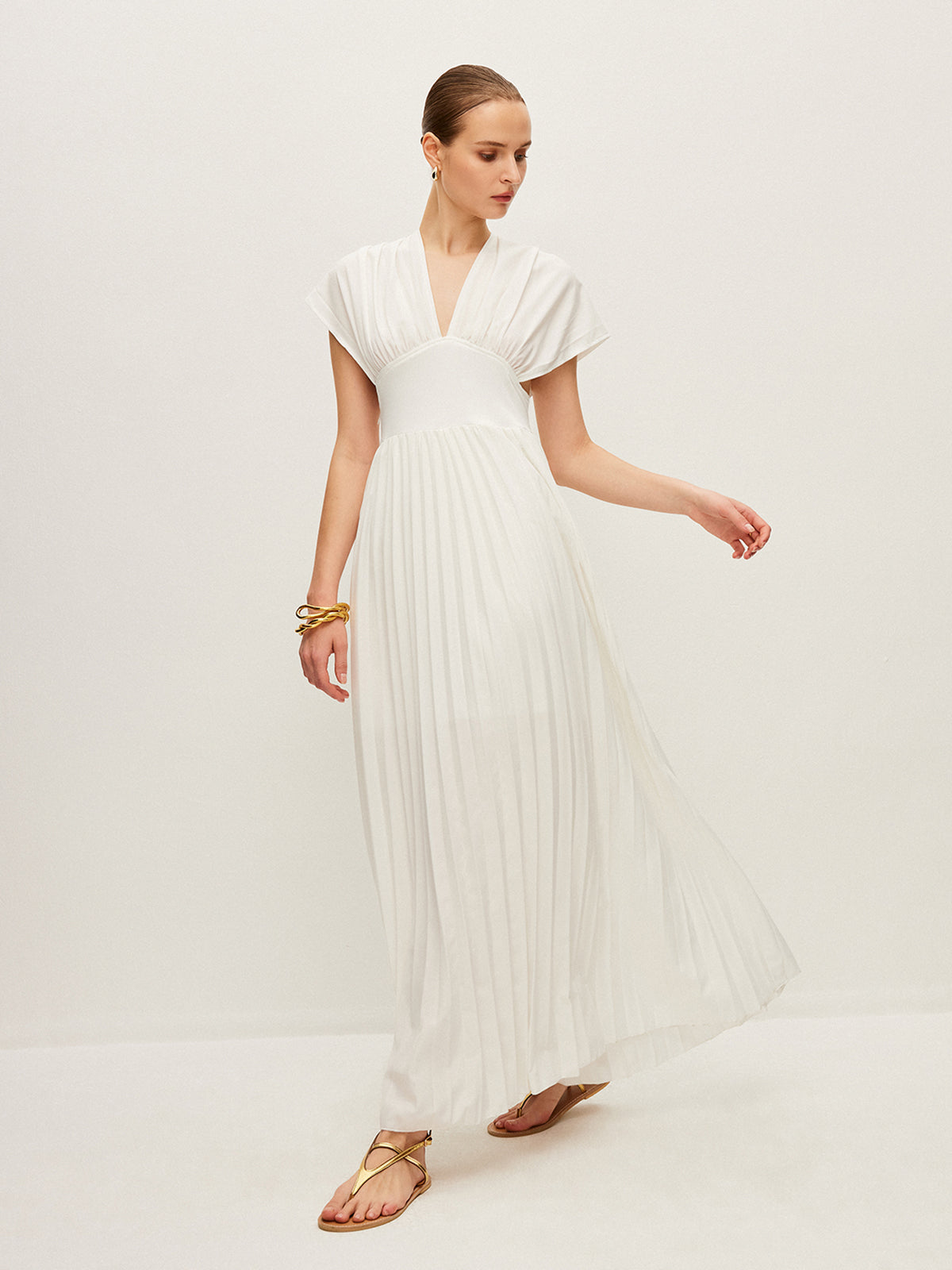 Pleated Cap-Sleeve Dress