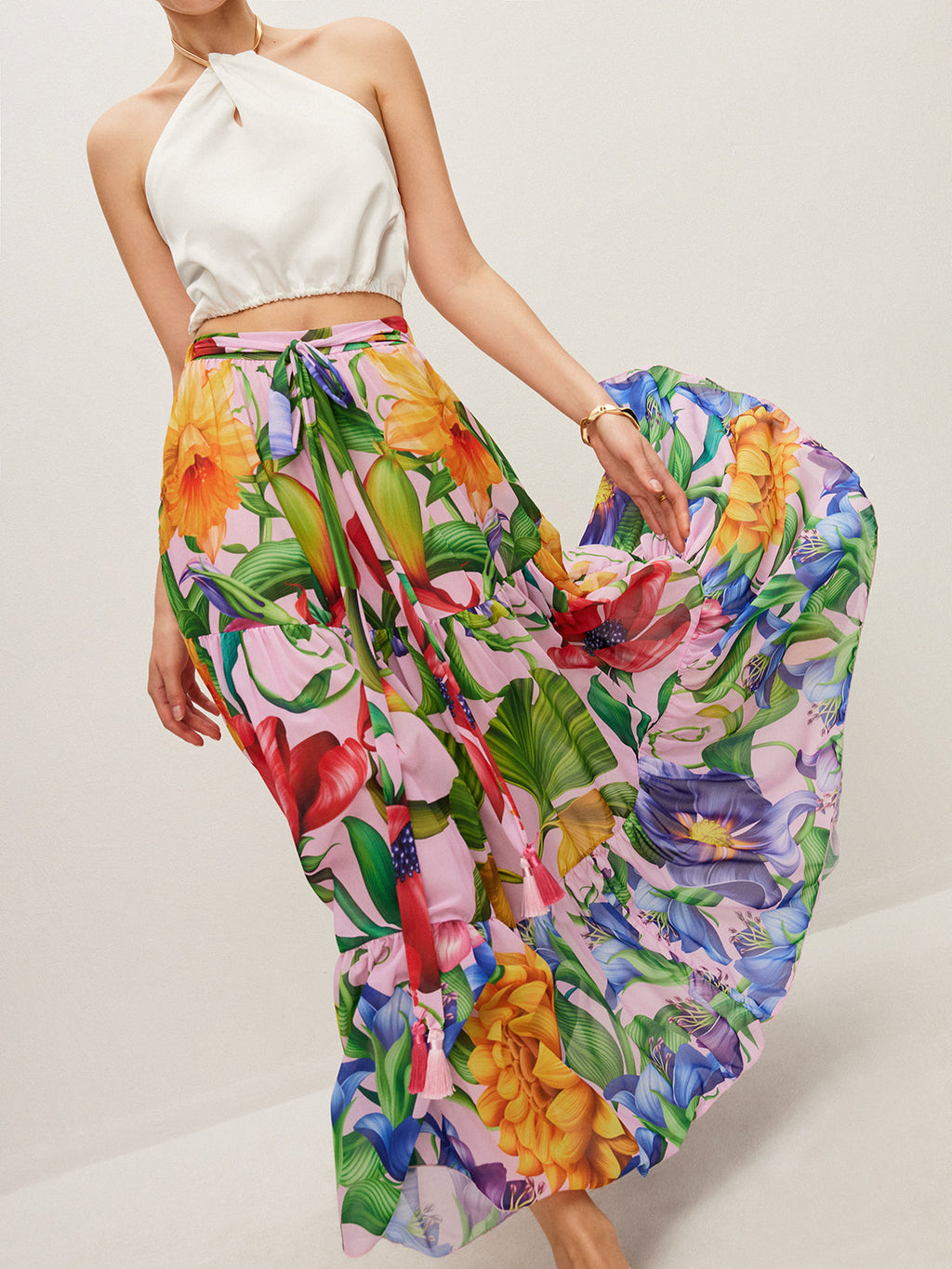 Jupe en mousseline de soie semi-transparente à imprimé floral et ceinture