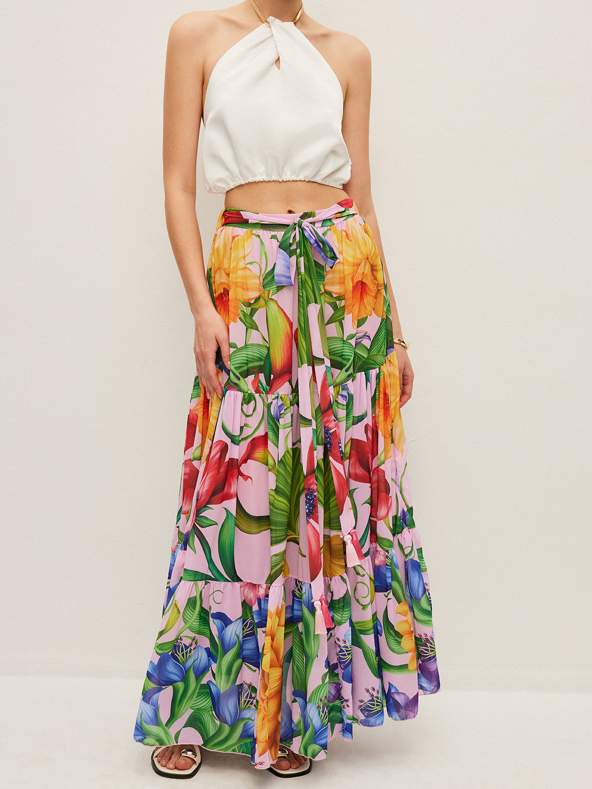 Semi-Sheer Floral Print Belted Chiffon Skirt