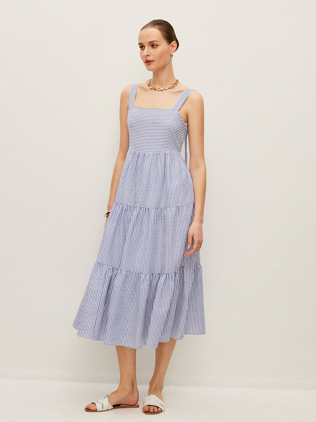 Striped Button-Detail Sleeveless Dress