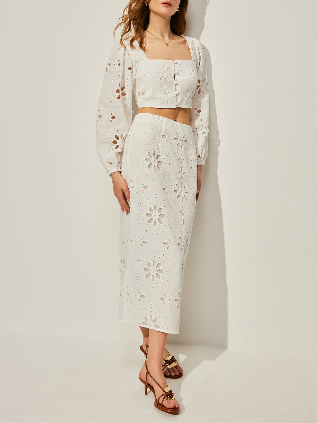 Cotton Hollow Floral Skirt Set