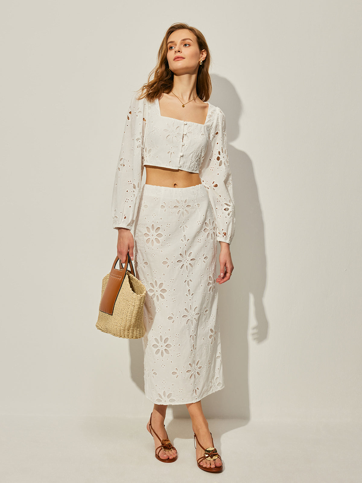 Cotton Hollow Floral Skirt Set