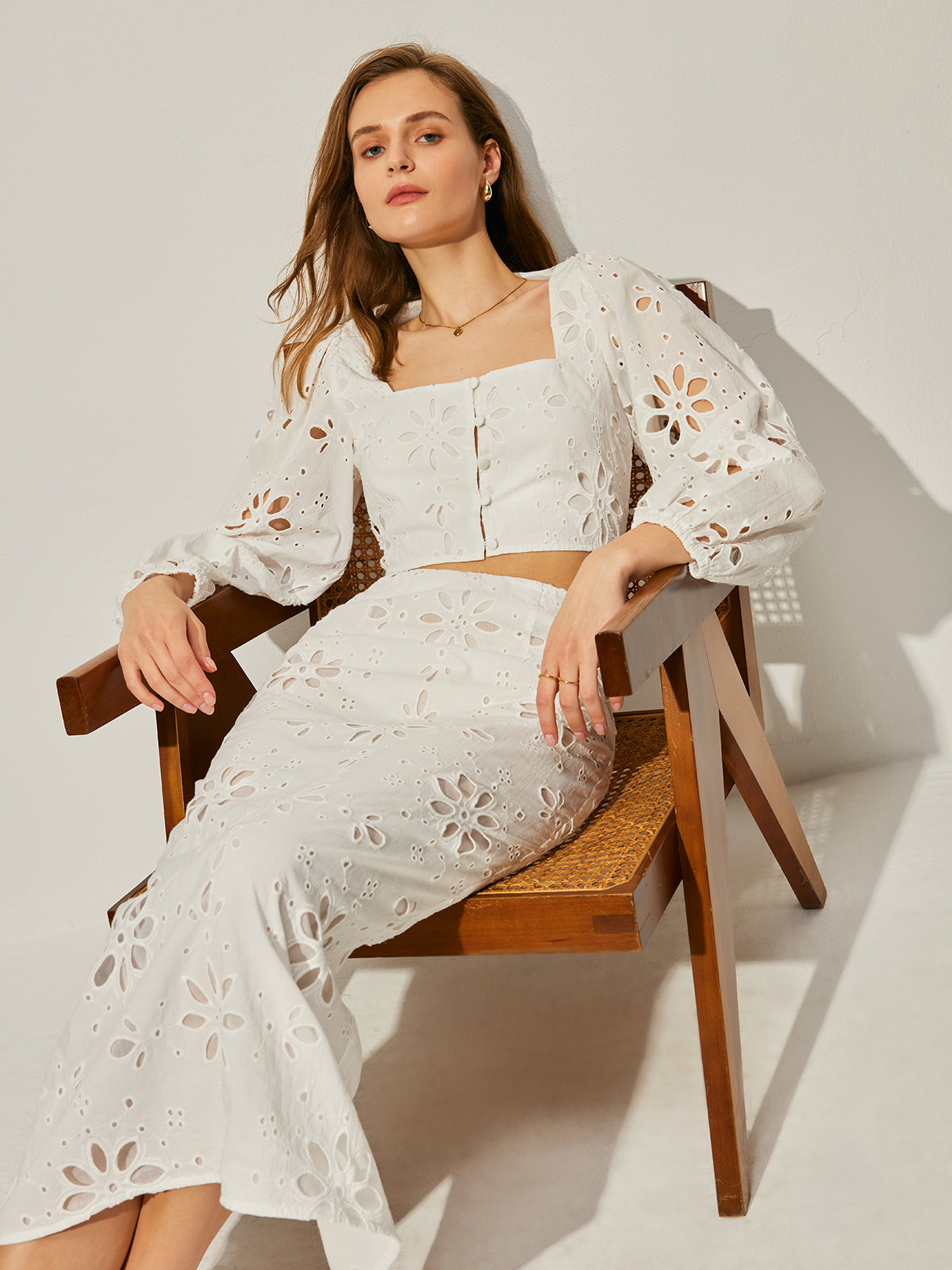 Cotton Hollow Floral Skirt Set