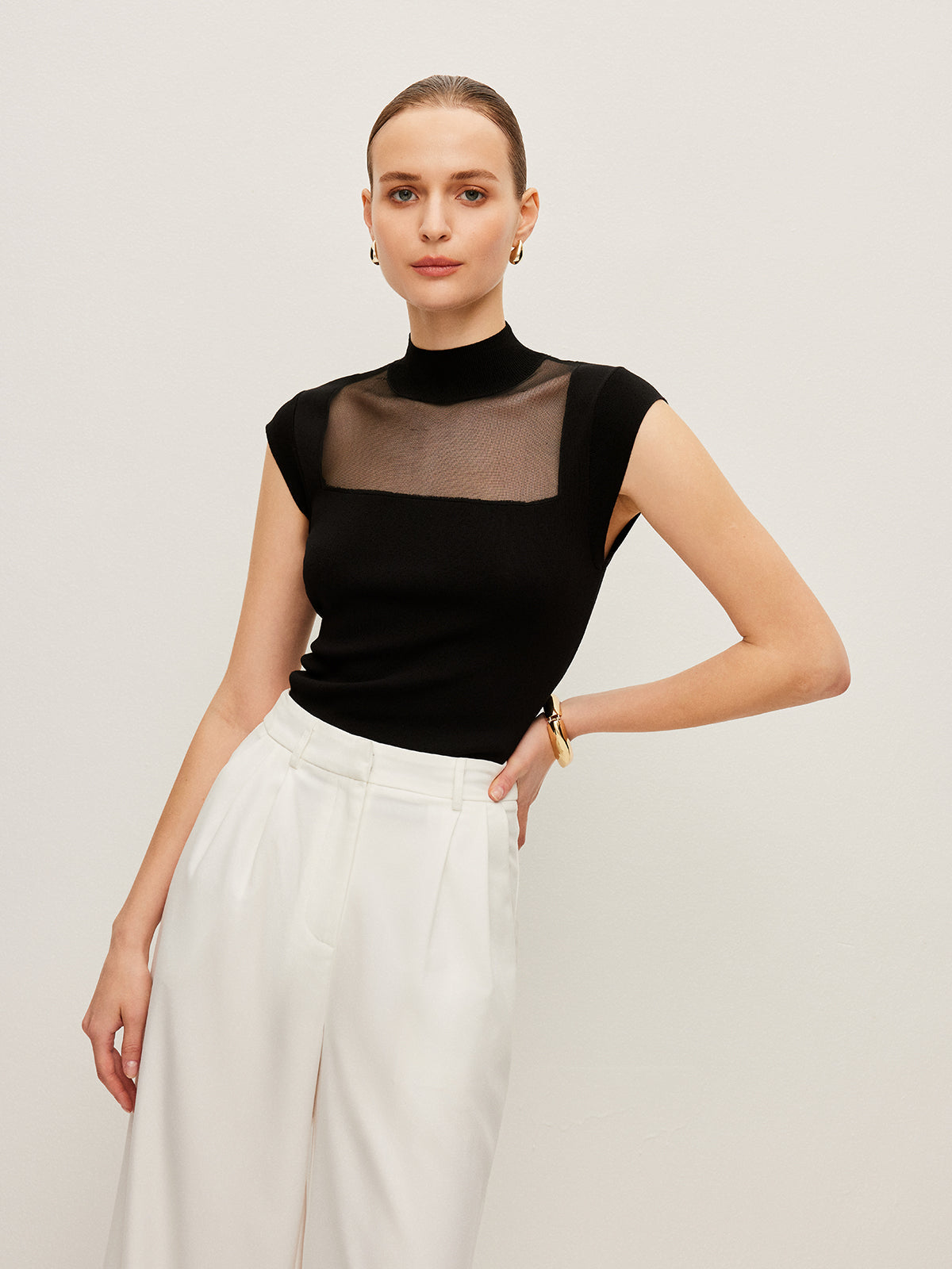 Mesh Panel Mock Neck Top