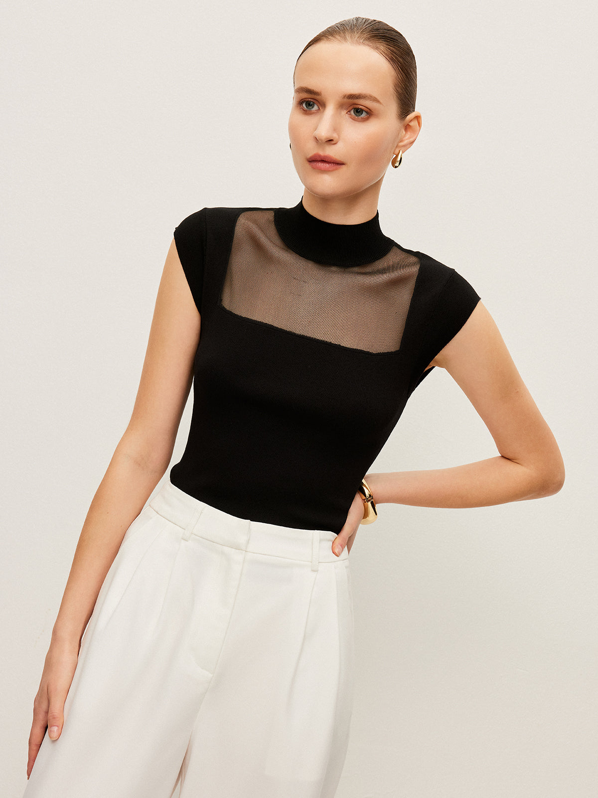 Mesh Panel Mock Neck Top