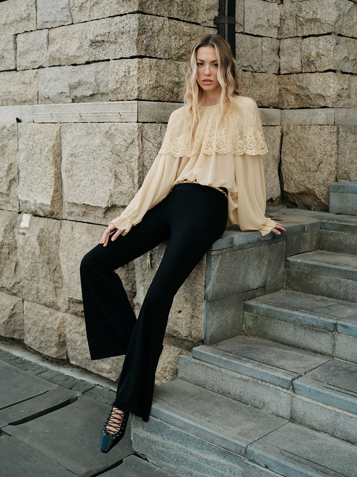 Semi-Sheer Lace Chiffon Blouse