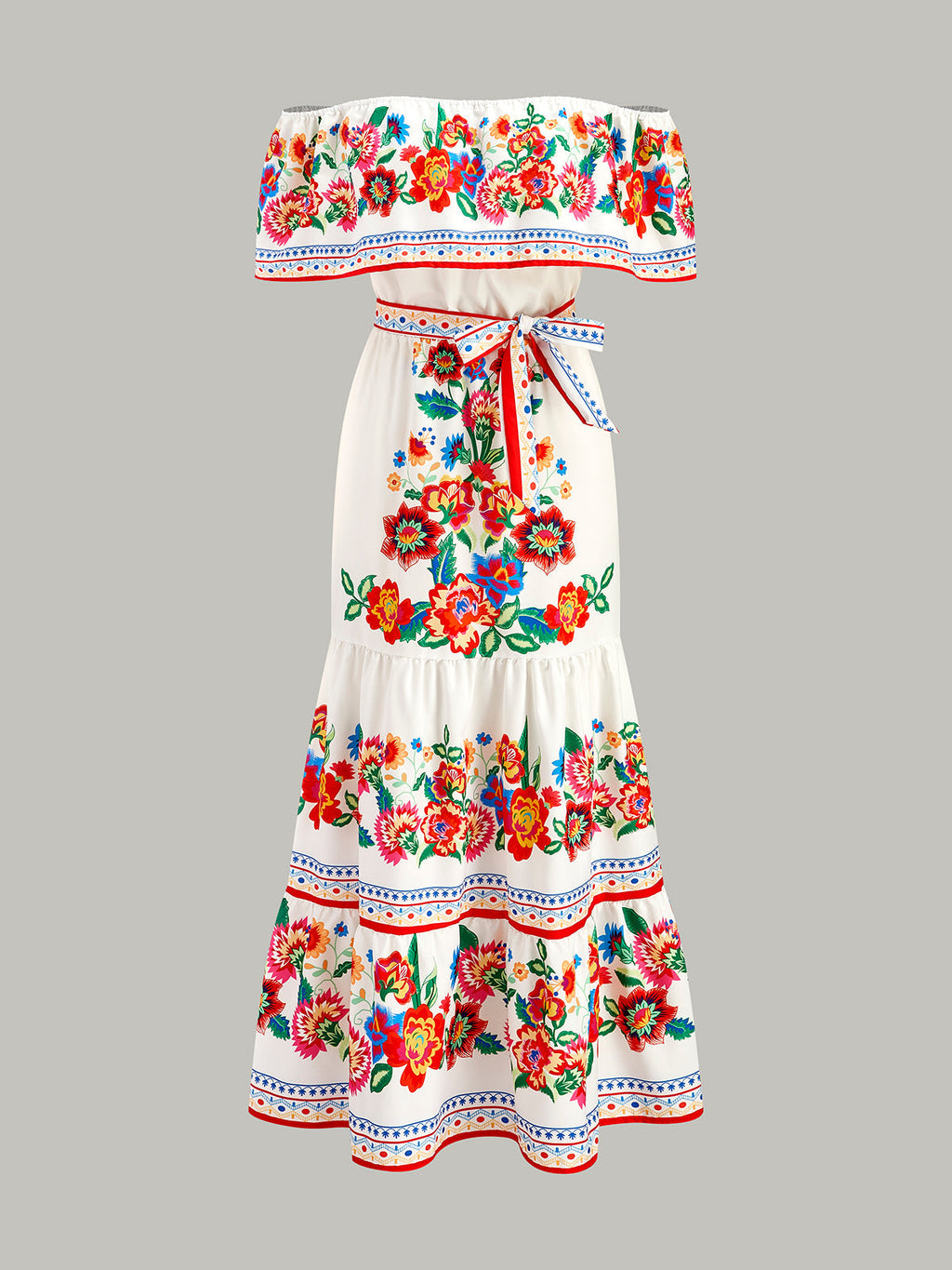 Off-Shoulder Blumenkleid mit Gürtel
