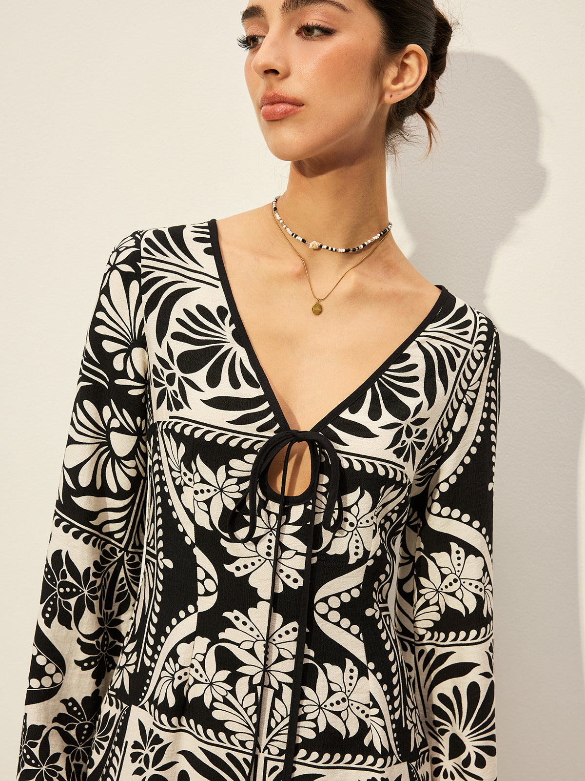 Printed Tie-Front Bell Sleeve Dress