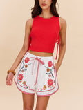 Blumenbestickte Shorts aus Baumwolle und Leinen mit Tunnelzug in der Taille