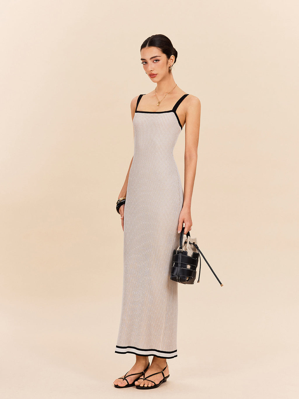 Striped Contrast Trim Spaghetti Strap Sweater Dress