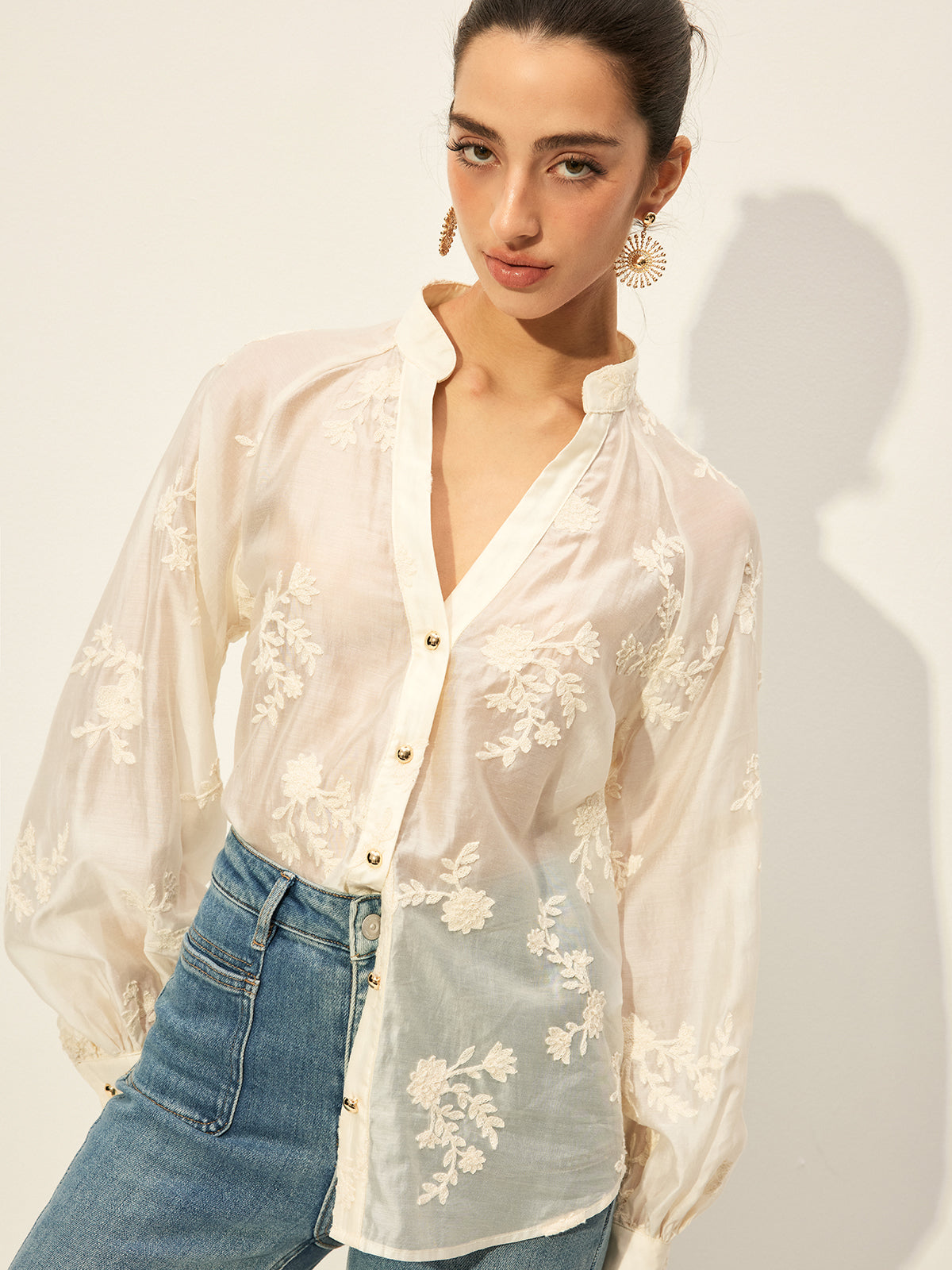 Semi-Sheer Embroidered Button-Front Blouse