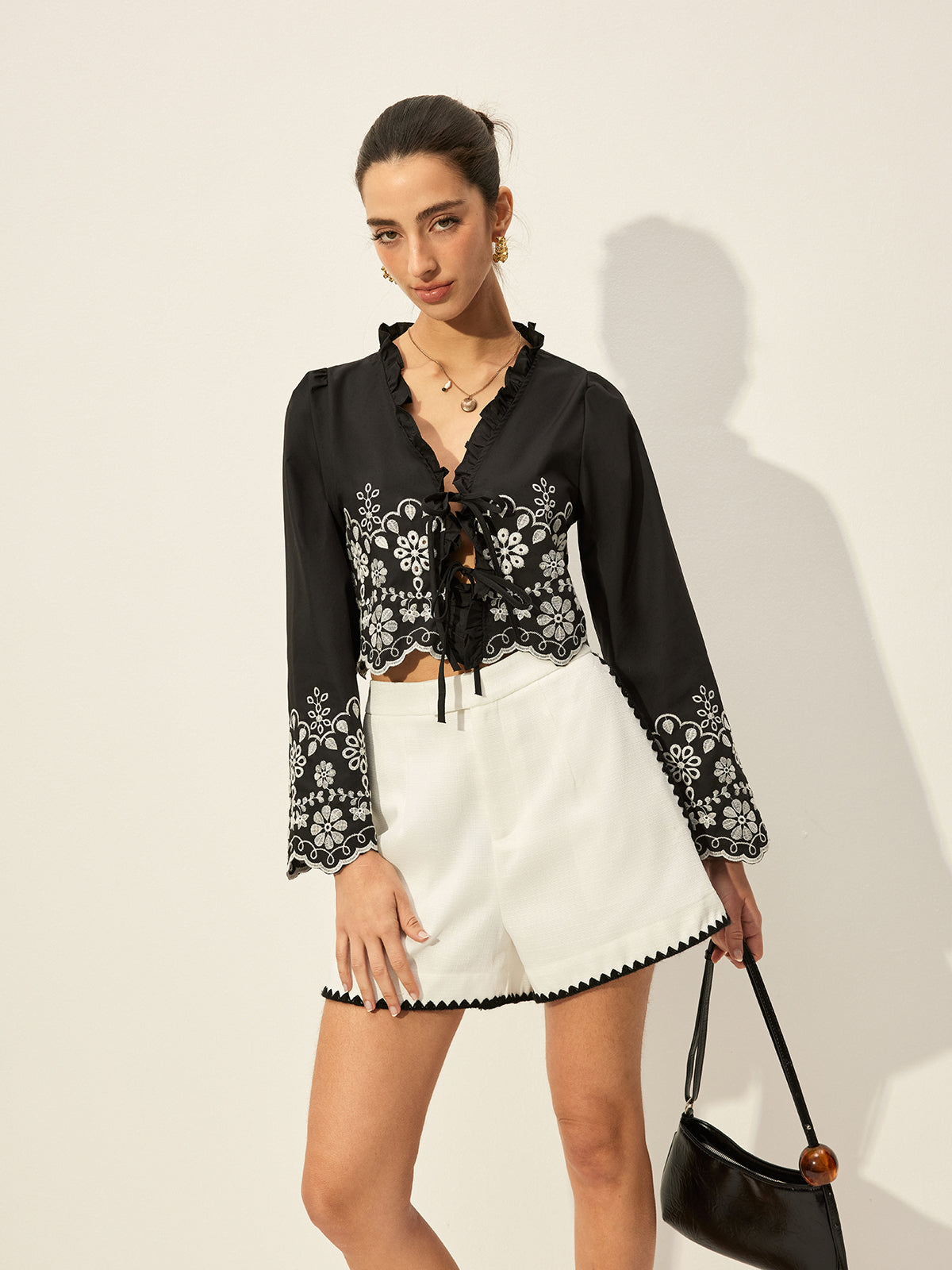 Embroidered Tie-Front Top