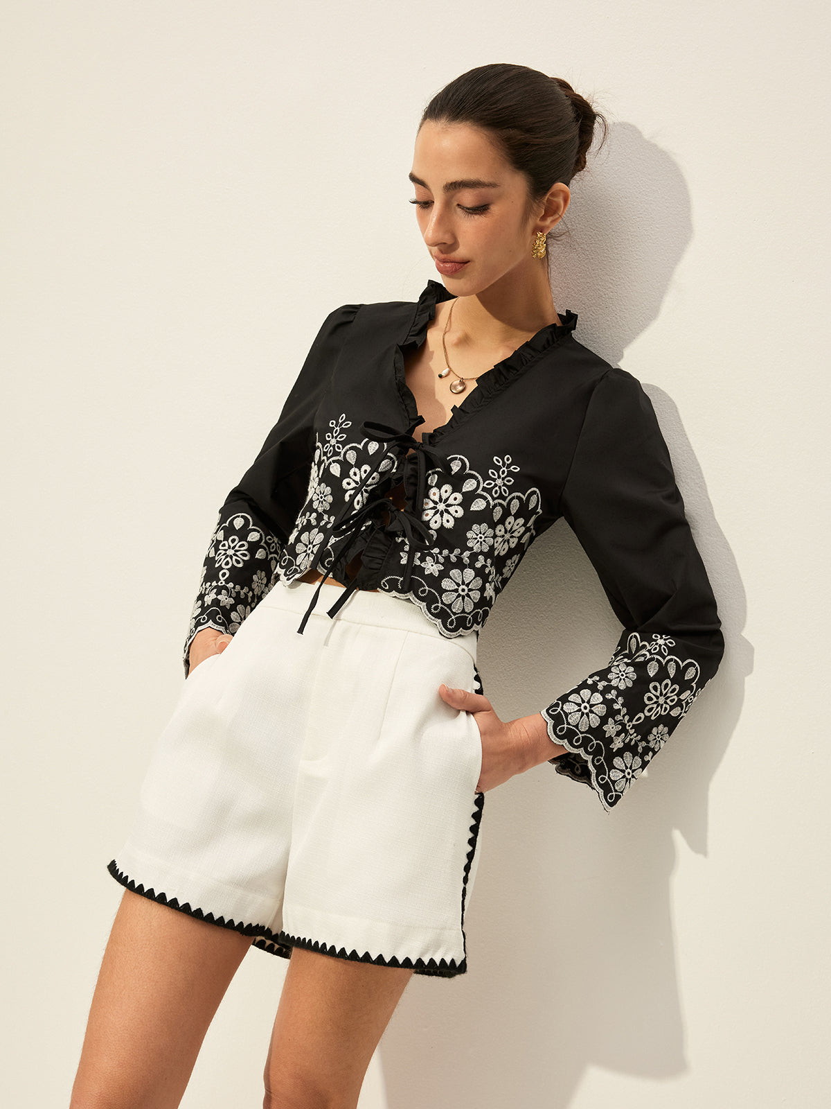 Embroidered Tie-Front Top