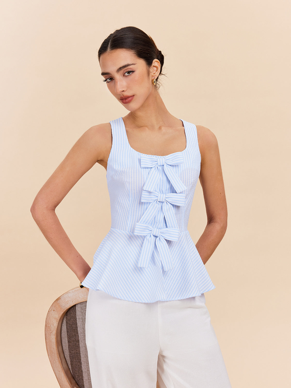 Striped Peplum Top With Bow Details