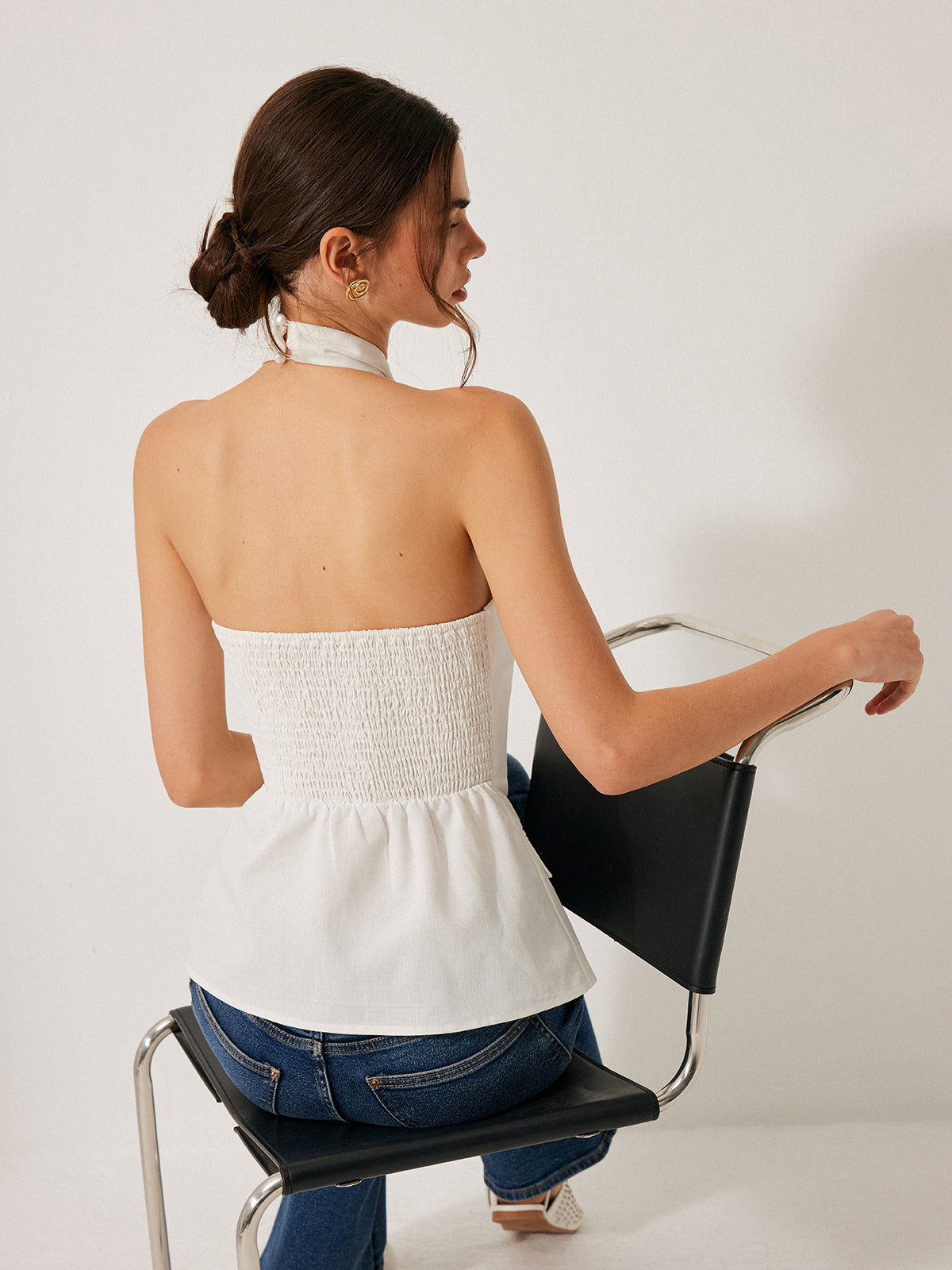 Cotton & Linen Cross-Back Halter Top With Decor Pockets
